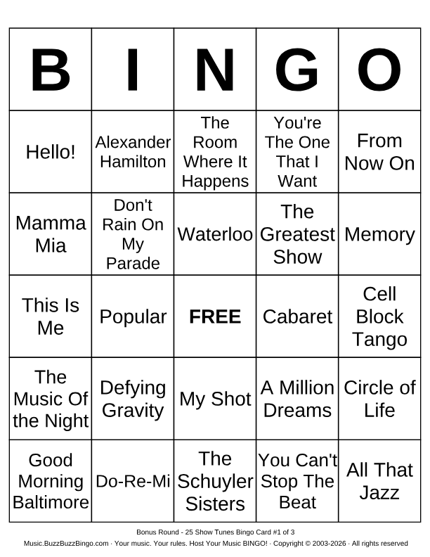 Printable Bonus Round - 25 Show Tunes Music Bingo Cards to Download ...