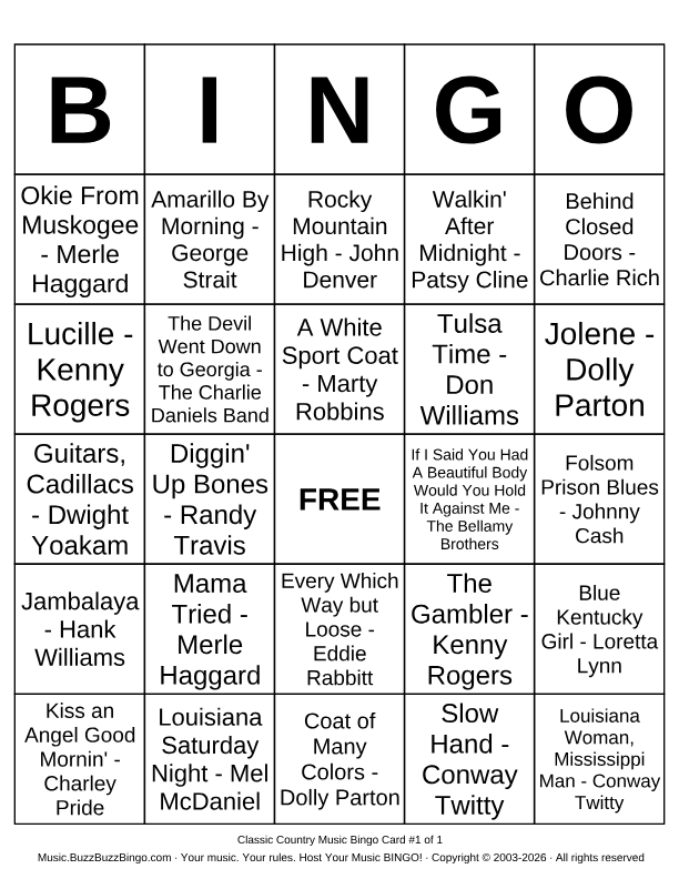 Get Classic Country Music Bingo Cards to Customize and Print and Play ...